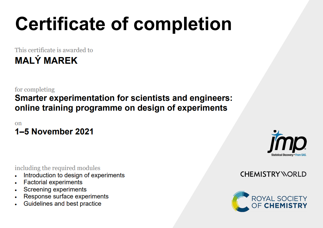 Certifikát o absolvování kurzu efektivnějšího plánování experimentů