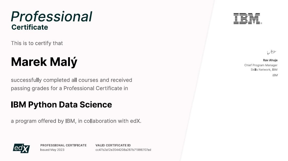 Certifikát o absolvování kurzu datové vědy od firmy IBM
